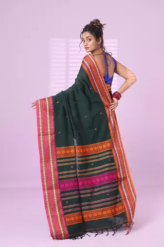 Bottle green cotton handspun soft saree with texture border