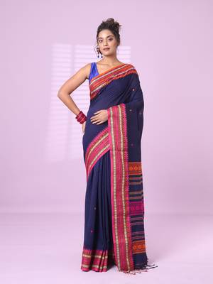 Blue cotton handspun soft saree with texture border 1
