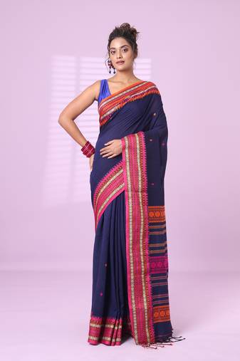 Blue cotton handspun soft saree with texture border