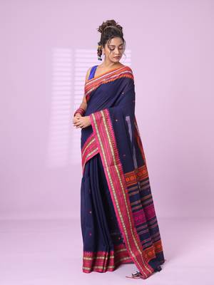 Blue cotton handspun soft saree with texture border 2