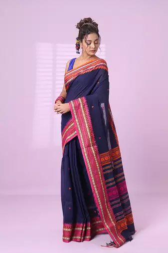 Blue cotton handspun soft saree with texture border