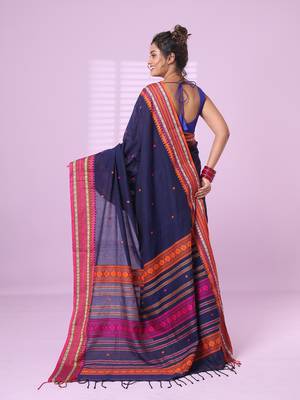 Blue cotton handspun soft saree with texture border 3