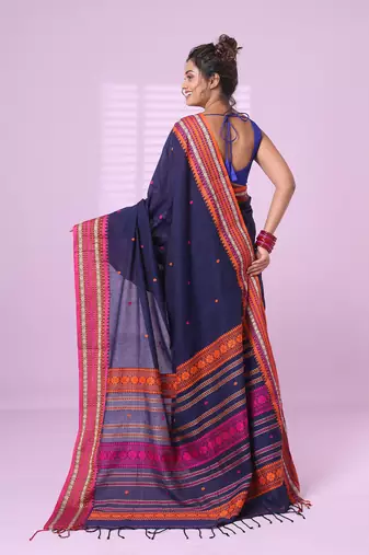 Blue cotton handspun soft saree with texture border