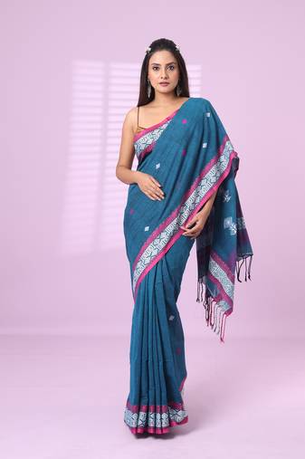 Sapphire blue cotton handspun soft saree with texture pattern