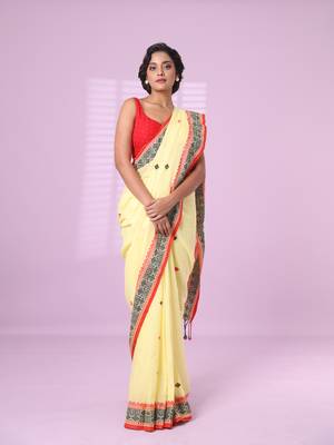 Yellow cotton handspun soft saree with texture pattern 1