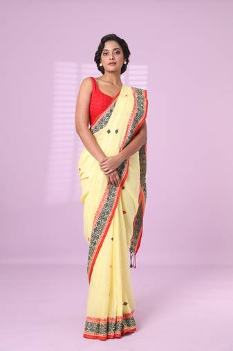 Yellow cotton handspun soft saree with texture pattern