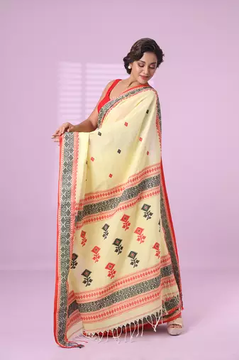 Yellow cotton handspun soft saree with texture pattern