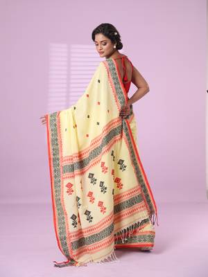 Yellow cotton handspun soft saree with texture pattern 3