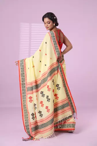 Yellow cotton handspun soft saree with texture pattern
