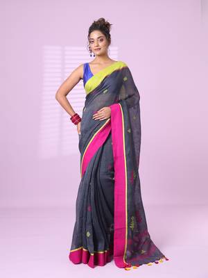 Dark grey linen saree with ganga jamuna border 1