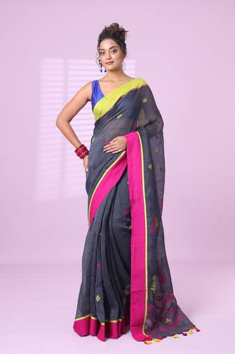 Dark grey linen saree with ganga jamuna border