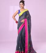 Dark grey linen saree with ganga jamuna border