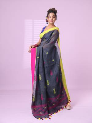 Dark grey linen saree with ganga jamuna border 2