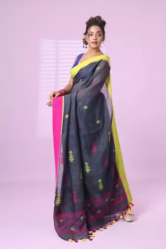 Dark grey linen saree with ganga jamuna border