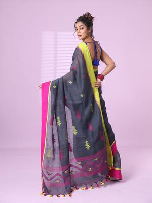 Dark grey linen saree with ganga jamuna border 3