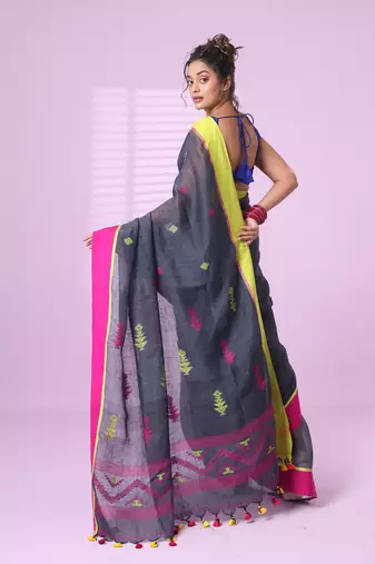Dark grey linen saree with ganga jamuna border
