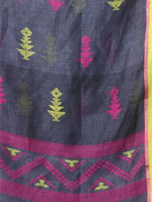 Dark grey linen saree with ganga jamuna border 4