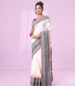 White cotton handspun soft saree with paisley motifs