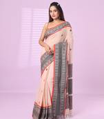Beige cotton handspun soft saree with paisley motifs