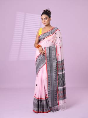 Pink cotton handspun soft saree with paisley motifs 1