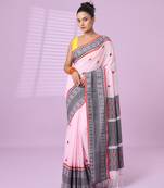Pink cotton handspun soft saree with paisley motifs