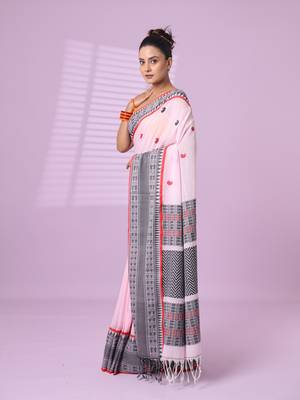 Pink cotton handspun soft saree with paisley motifs 2