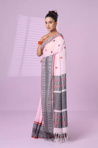 Pink cotton handspun soft saree with paisley motifs