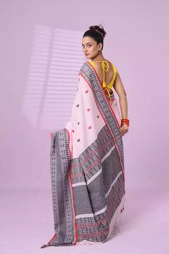 Pink cotton handspun soft saree with paisley motifs