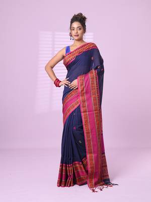 Navy blue cotton handspun soft saree with paisley motifs 1