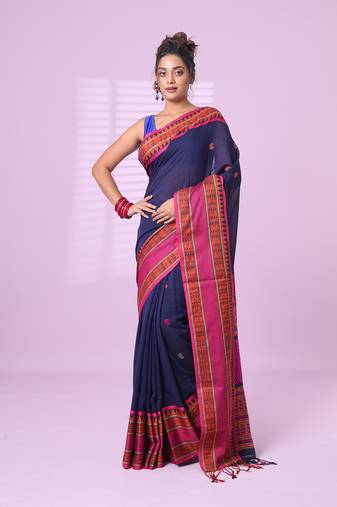 Navy blue cotton handspun soft saree with paisley motifs