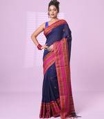 Navy blue cotton handspun soft saree with paisley motifs