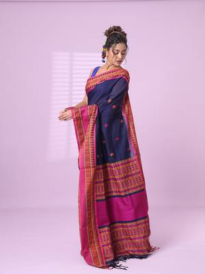 Navy blue cotton handspun soft saree with paisley motifs 2