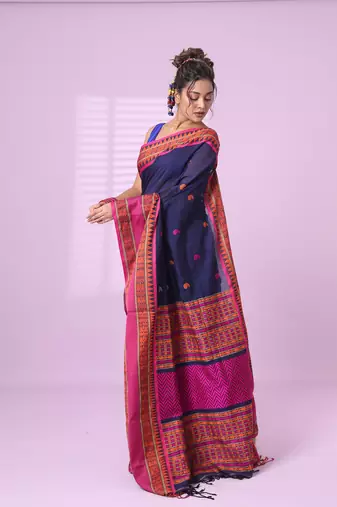 Navy blue cotton handspun soft saree with paisley motifs