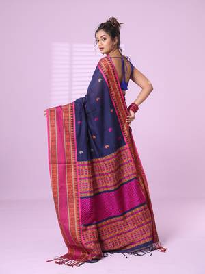 Navy blue cotton handspun soft saree with paisley motifs 3