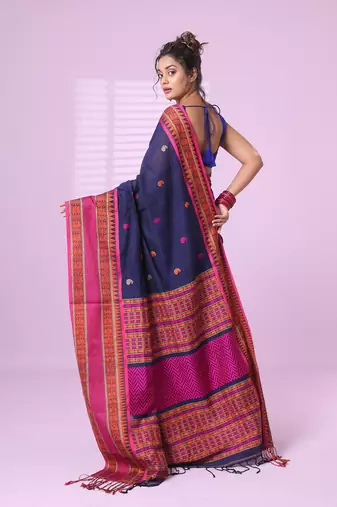 Navy blue cotton handspun soft saree with paisley motifs