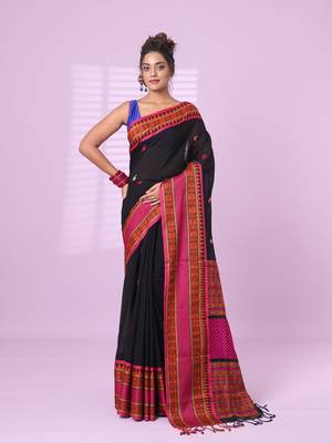 Black cotton handspun soft saree with paisley motifs 1