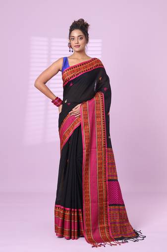 Black cotton handspun soft saree with paisley motifs
