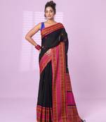 Black cotton handspun soft saree with paisley motifs