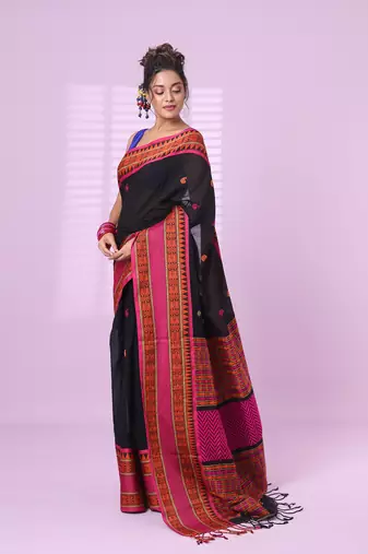 Black cotton handspun soft saree with paisley motifs