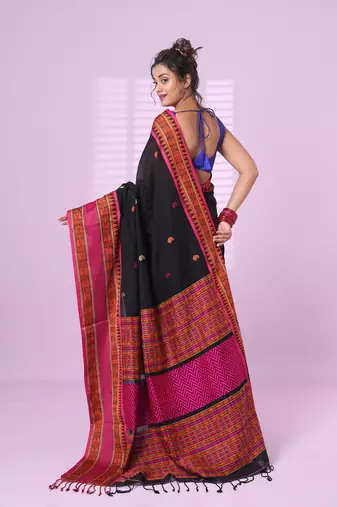 Black cotton handspun soft saree with paisley motifs