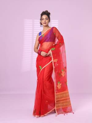 Red muslin saree with floral designs 1