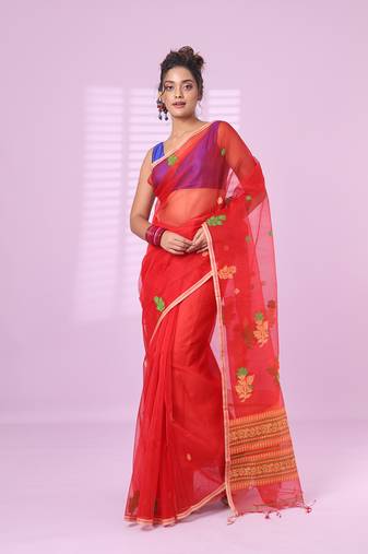 Red muslin saree with floral designs