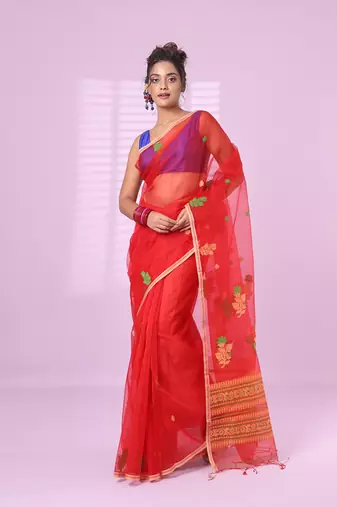 Red muslin saree with floral designs