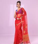 Red muslin saree with floral designs