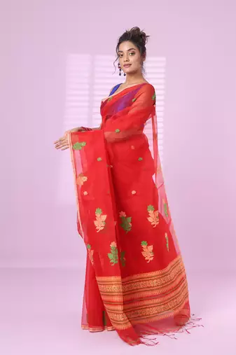 Red muslin saree with floral designs