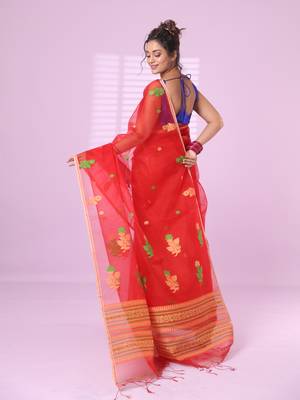 Red muslin saree with floral designs 3