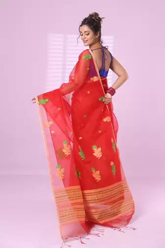 Red muslin saree with floral designs
