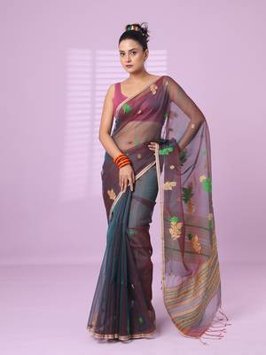 Green muslin duel-tone saree with floral designs 1