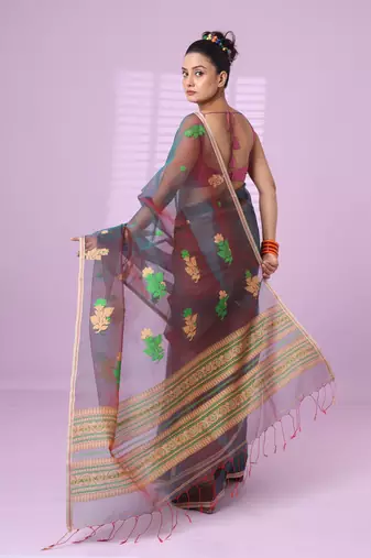 Green muslin duel-tone saree with floral designs