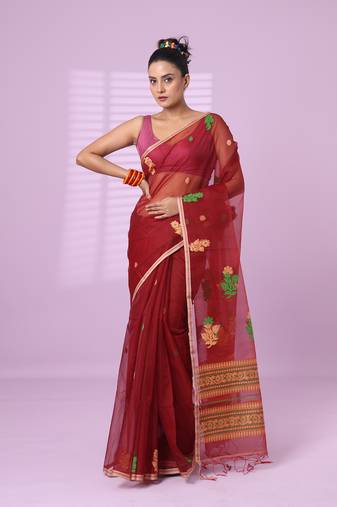 Maroon muslin saree with floral designs